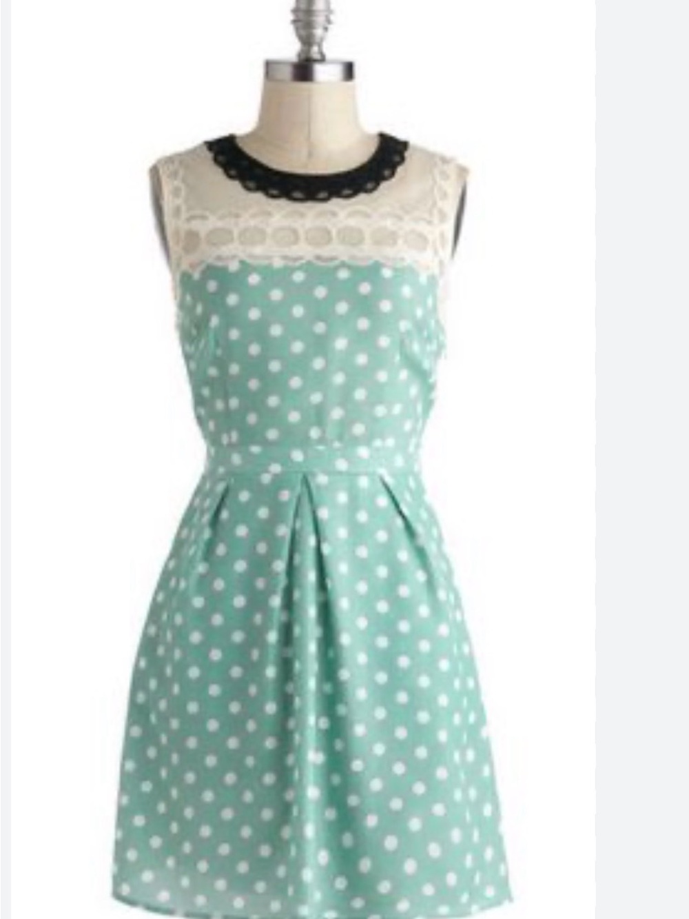 Esley Mint Polka Dot Mini Dress with Cream Lace and Black Trim